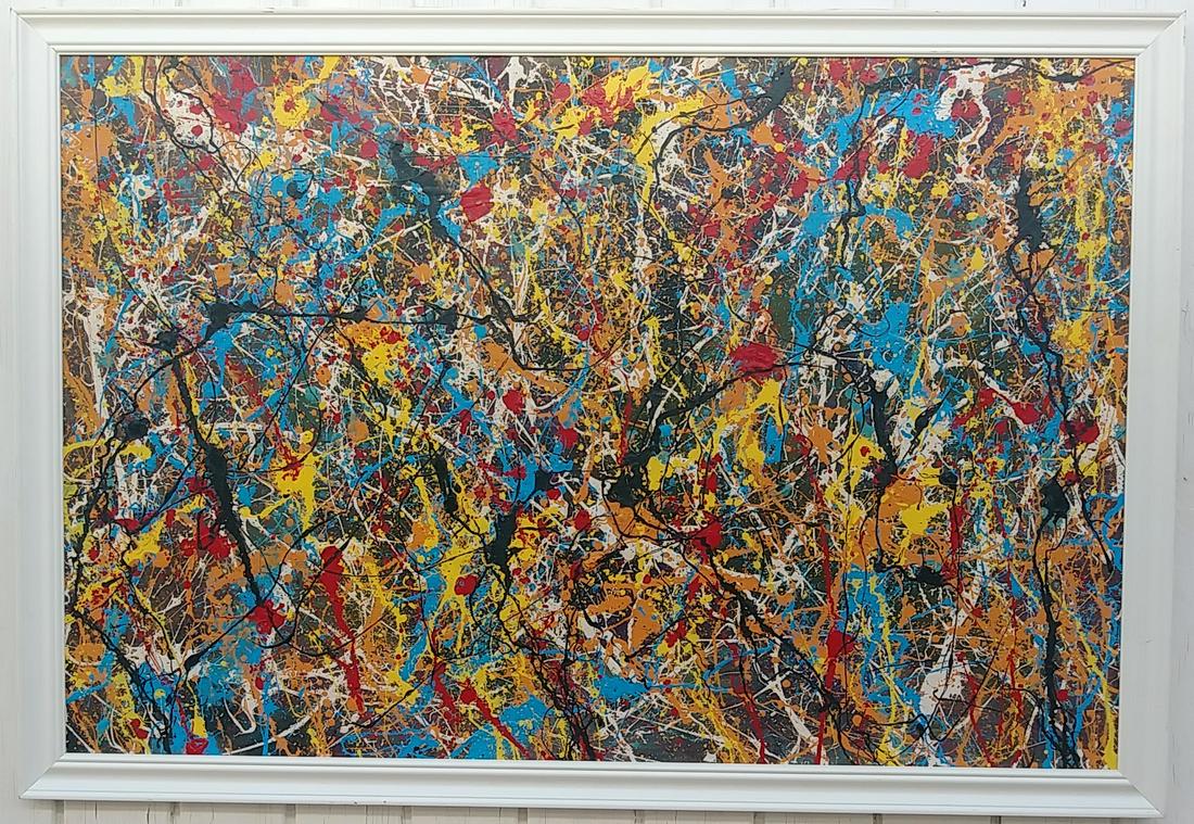 Jackson Pollock Framed Contemporary Abstract Painting: Jackson Pollock Framed Contemporary Abstract Painting on Cardboard - Approx Painting Size: 36 x 24 - Approx Frame Size: 26 1/2 x 38 1/2 x 1 inches.- Some Scratch on frame - See Photos. Good condition.