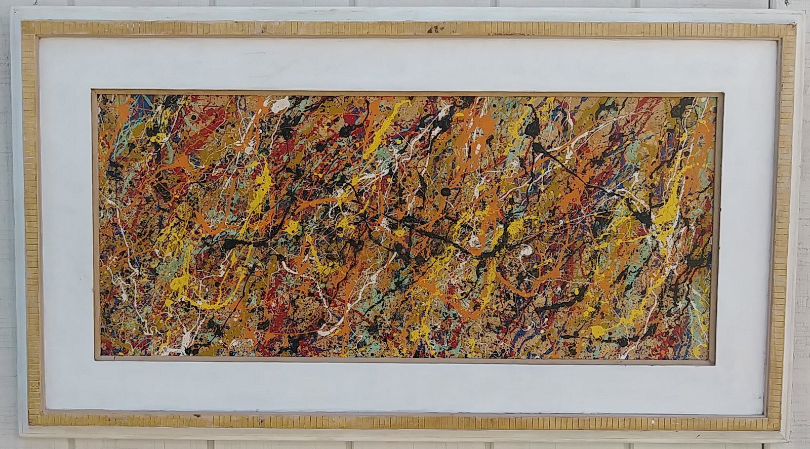 Jackson Pollock Framed Contemporary Abstract Painting: Jackson Pollock Framed Contemporary Abstract Painting on Cardboard - Approx Painting Size: 34 1/2 x 15 - Approx Frame Size: 44 x 24 x 2 inches.- Some Scratch on frame - See Photos. Good condition. Vin