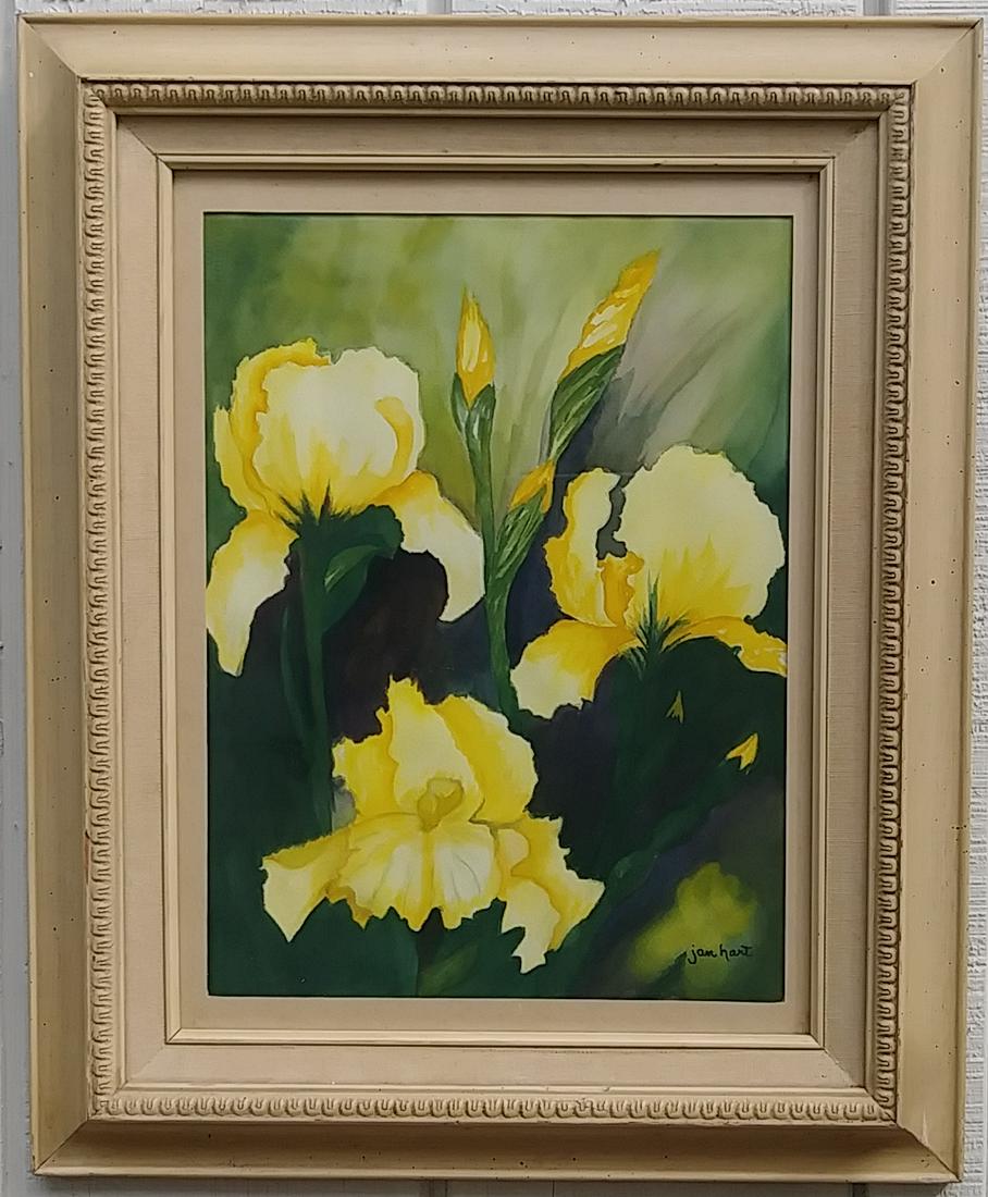 Jan Hart 1984 Watercolor Painting: Jan Hart 1984 Watercolor Painting. Painting Size: 10 1/2 x 14 inches. Frame Size: 17 x 21 x 2 inches Good Condition Wood Frame - Frame has scratches and marks due to storage. Good vintage condition. S