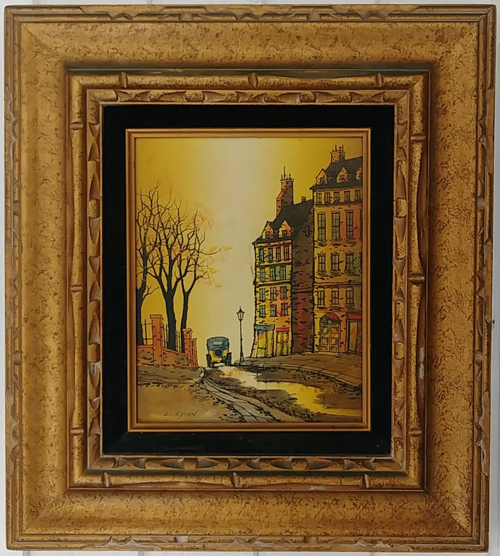 L. Ryan Signed City Art Painting Framed: L. Ryan Signed City Art Painting Framed. Painting Size: 8 x 10 inches. Frame Size: 16 x 18 x 2 inches Good Condition Wood Frame - Frame has scratches and marks due to storage. Good vintage condition. 