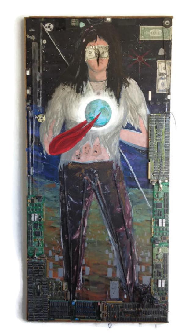 Original 1980 Signed Heavy Metal Rock Installation Coll: Original 1980 Signed Heavy Metal Rock Installation Collage Oil Rare Painting on Canvas . Measurements -Size: 28" x 56" .