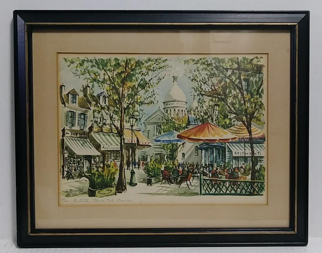 Vintage French Print Ducollet Paris,1950: Vintage French Print Ducollet Paris, 1950's Parisian Cafe Print. Approx Window Size: 11 x 8 1/2 - Approx Frame Size: 15 1/2 x 12 1/2 x 1 inches . Very good condition. See photos.