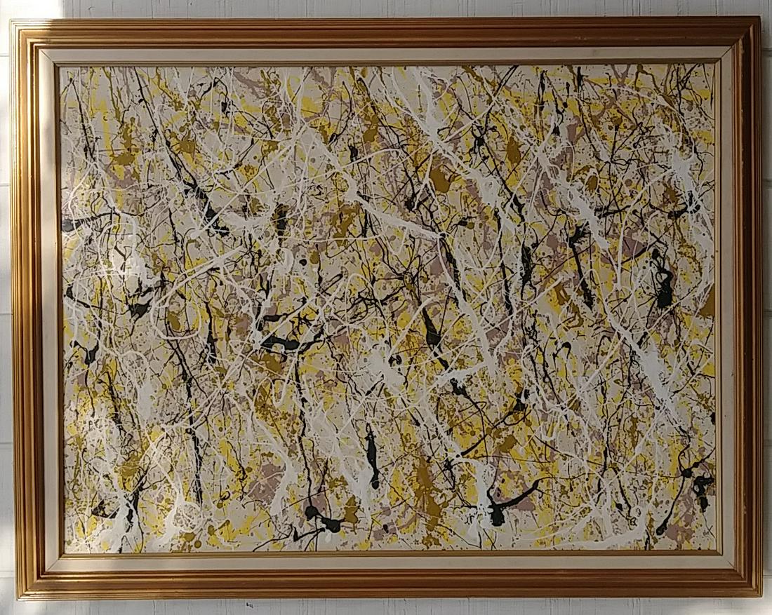 XL Jackson Pollock After Abstract Modernist Painting: XL Jackson Pollock After Abstract Modernist Painting - Canvas Size: 40 x 30 Inches. Frame Size: 45 x 35 inches. It is being sold After in the manner or style of the artist. Mixed Medium on Canvas. Woo