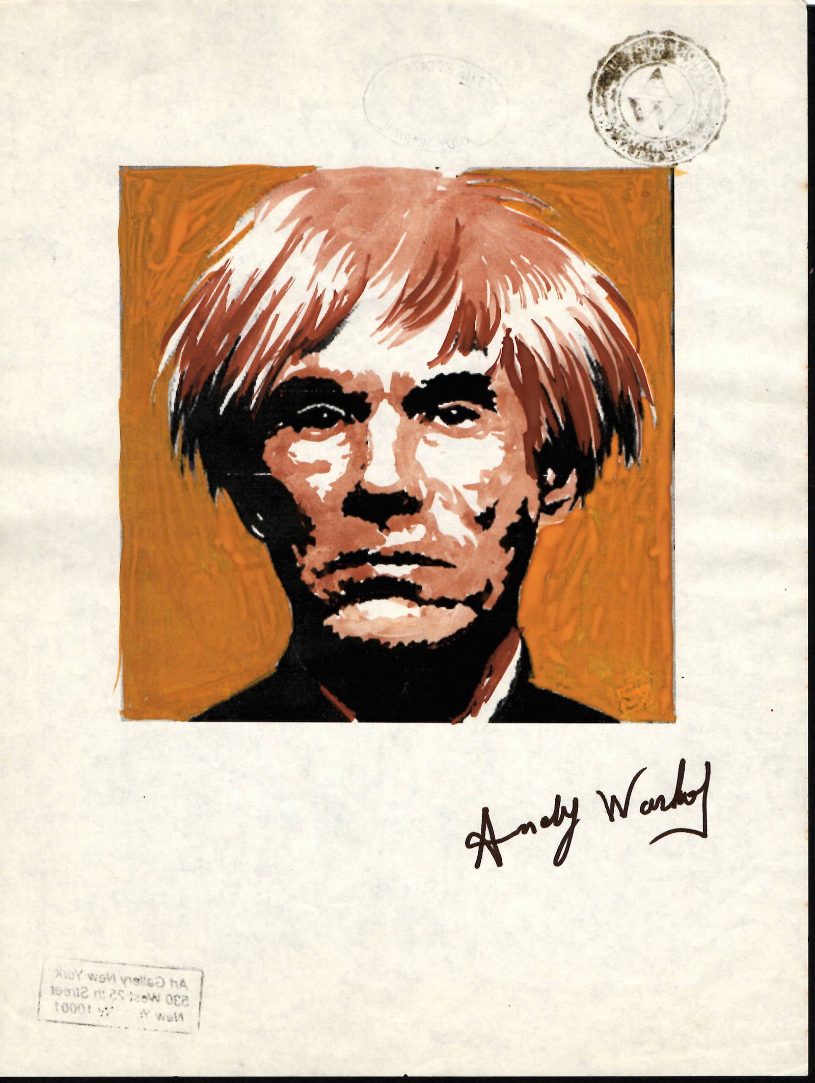Signed Andy Warhol Mixed Media on Paper. On verso: Signed Andy Warhol Mixed Media on Paper. On verso, also stamp inscribed Authorized by the Andy Warhol . Approx Size: 11 3/4 x 8 1/2 inches. Provenance: This item has limited provenance from an Upper N