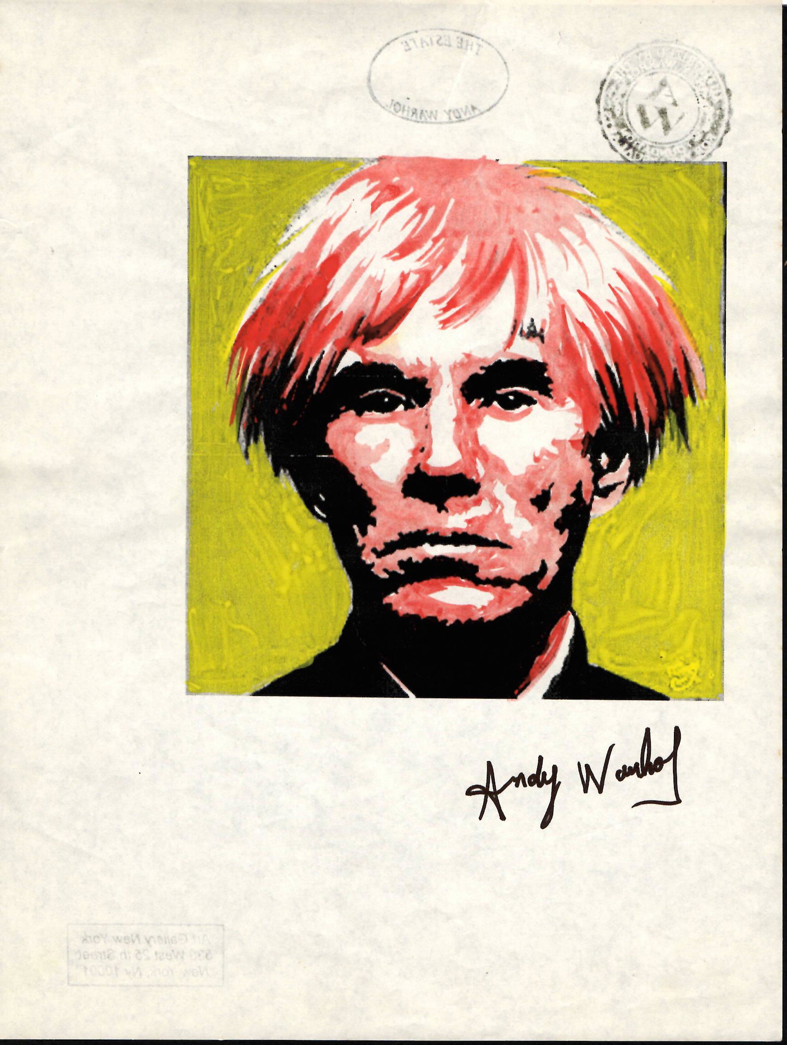 Signed Andy Warhol Mixed Media on Paper. On verso: Signed Andy Warhol Mixed Media on Paper. On verso, also stamp inscribed Authorized by the Andy Warhol . Approx Size: 12 1/2 x 8 1/2 inches. Provenance: This item has limited provenance from an Upper N