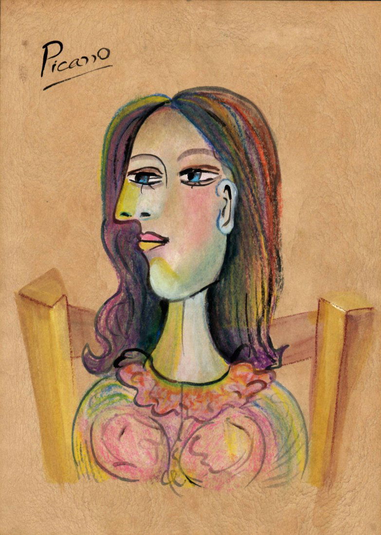 Signed Picasso Mixed Media Painting on Paper. Stamp (1 of 2)