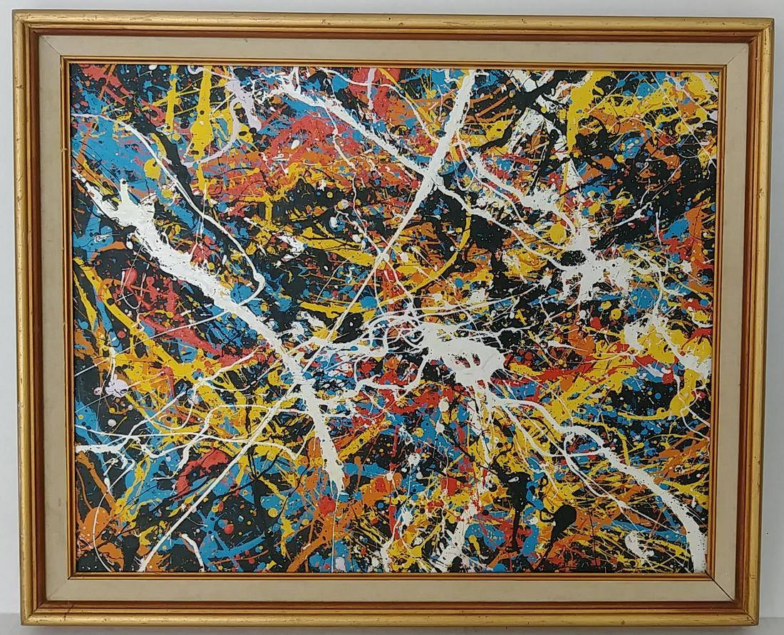 Jackson Pollock Abstract Painting.: Jackson Pollock Abstract Painting. Approx Painting: 18 x 14 inches. Frame Size : 22 1/2 x 18 1/2 x 2 inches. Painting is done in the modern abstract expressionist style for which Pollock is known. It