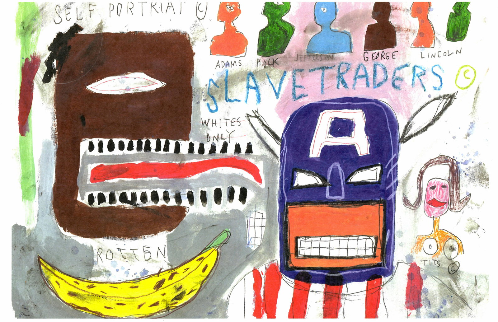 Neo Expressionist Jean Michel Basquiat Large Painting: Jean Michel Basquiat Expressionism Large Painting Drawing. Size: 11 3/4 x 16 1/2 In. Provenance: W.N York consignor Private collection. it is being sold in the manner or style of the artist According 