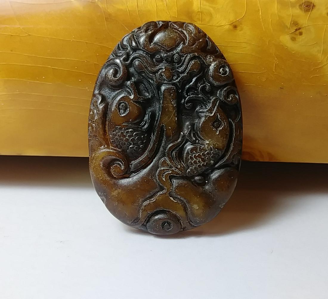 Antique Natural Jade Carved 2 Lucky Fish Pendant (1 of 2)