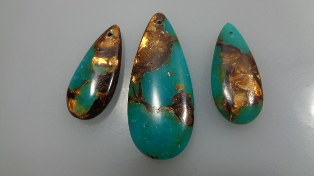 3pcs/Set Green Jade & Gold Copper Bornite stone Teardro (1 of 1)