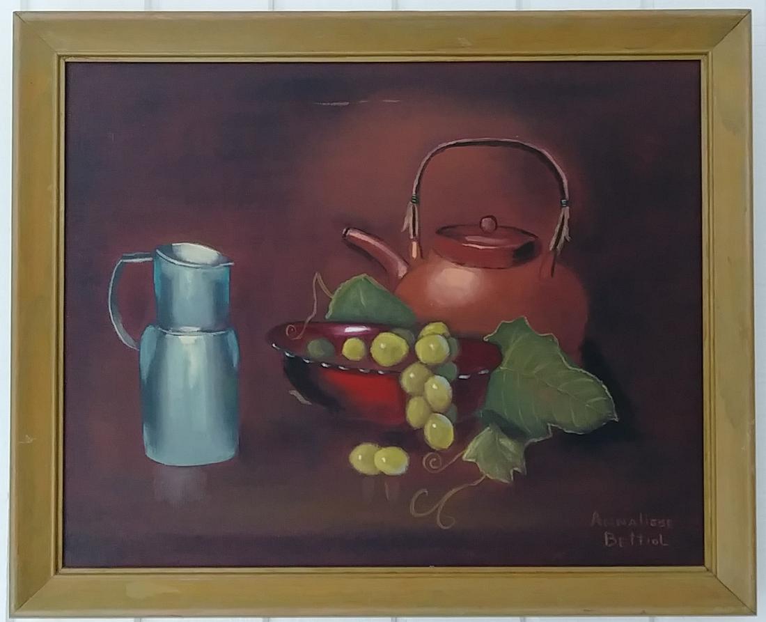 Signed Fruit Oil Painting on Canvas Framed: Signed Pink Flower Oil Painting on Canvas Framed. Approx Painting Size: 16 x 20 - Approx Frame Size: 18 x 22 x 2 .Inches - Frame has scratches and marks due to storage. Good vintage condition. See pho