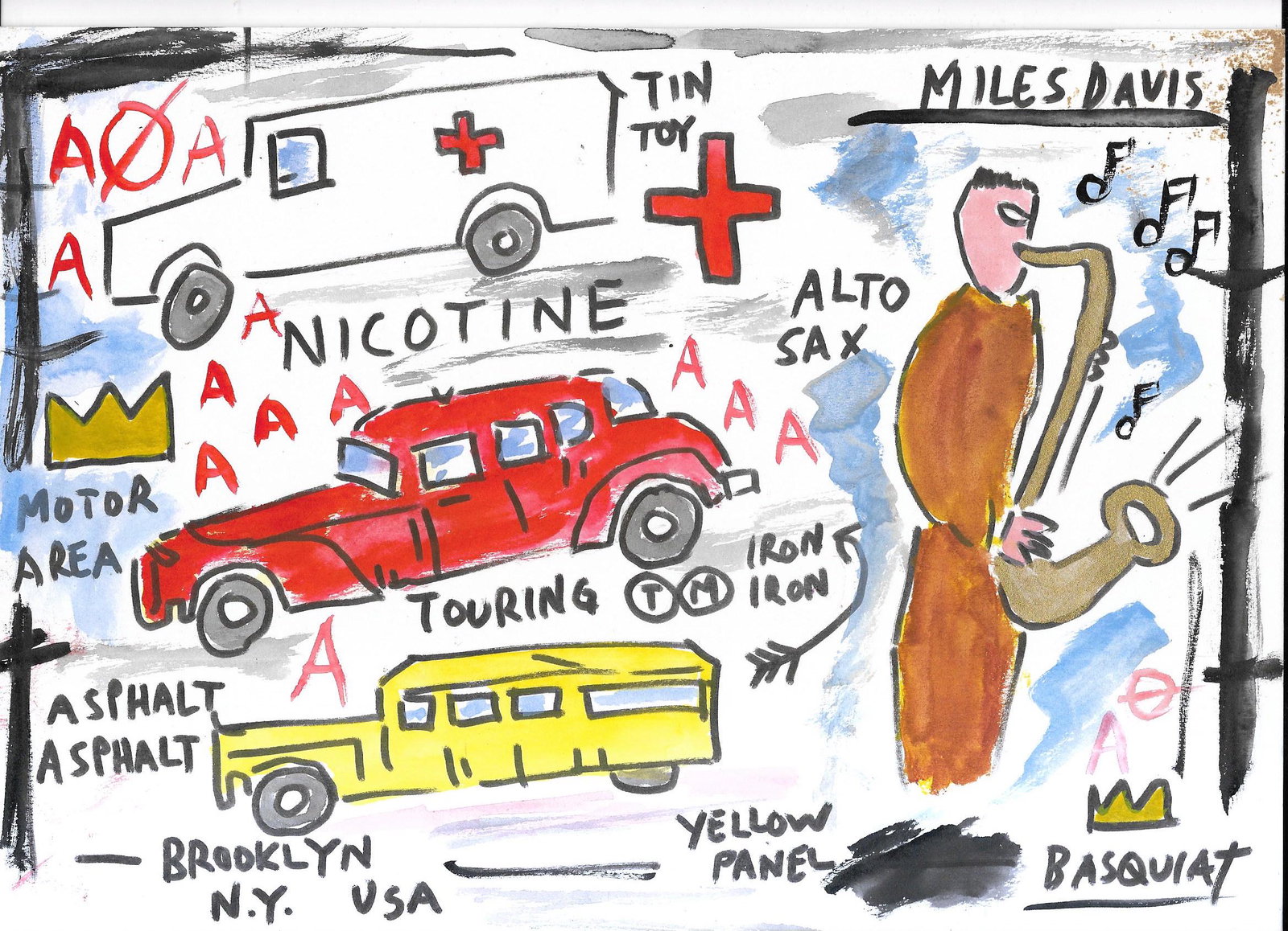 Michel Basquiat- Peso Neto - Mixed Media Painting: Michel Basquiat- Peso Neto - Mixed Media Painting Drawing.8 1/4 x 11 3/4 Inches. Stamped on Verso. Self Portrait Painting. It is being sold in the manner or style of the artist after, declared as a co