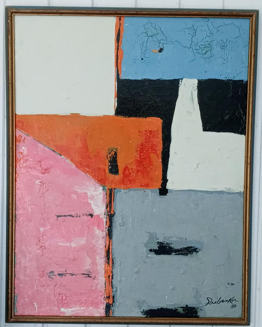 Signed Drebenkorn 80. Abstract Expressionism Painting: Signed Drebenkorn 80. Abstract Expressionism Composition Painting On Masonite. Featuring abstract composition TEXTURE. Signed Drebenkorn 80. Stamped on versoLarge Painting. Approx Painting: 28 x 21 1/