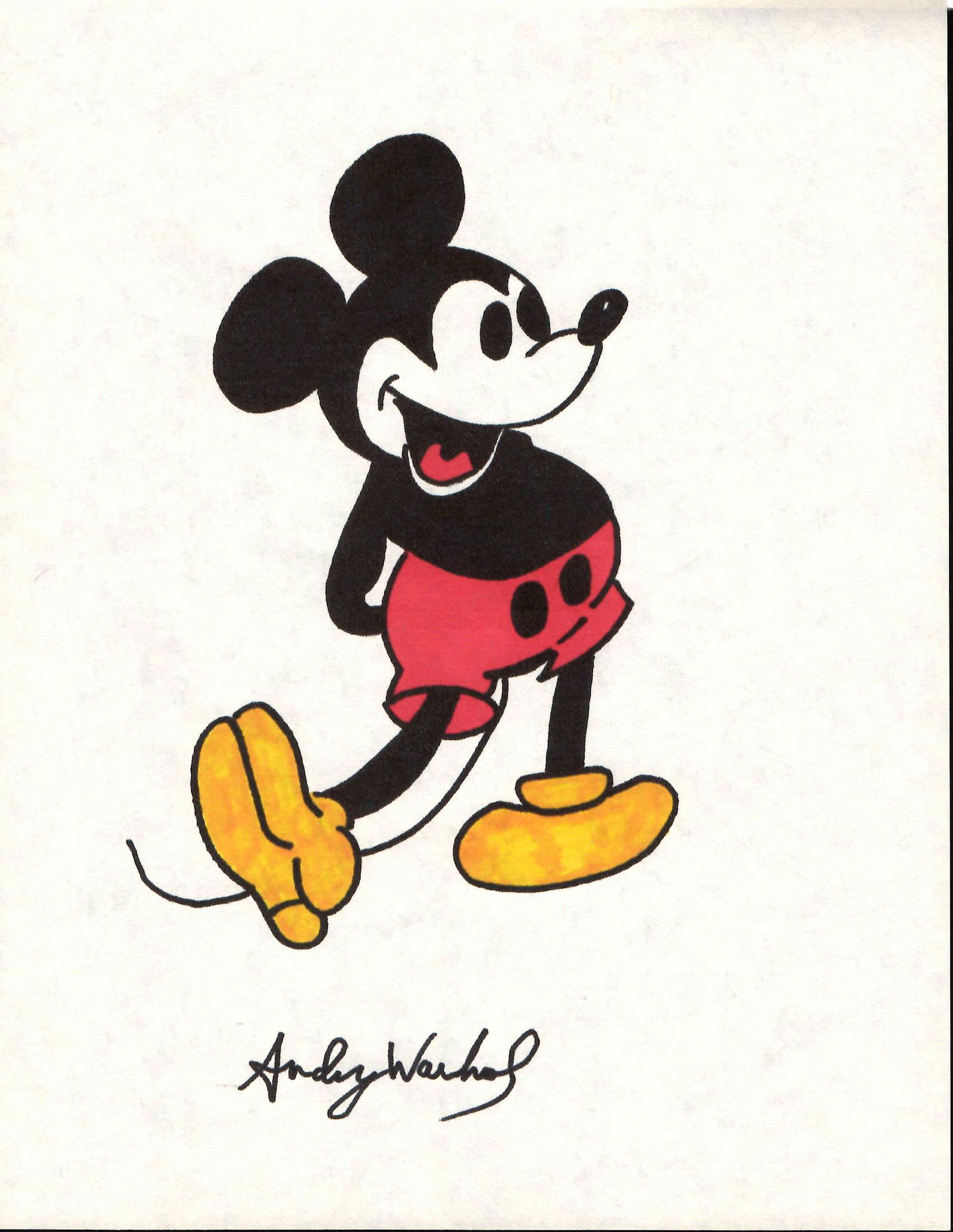 Warhol Mickey Mouse Ink on Paper Drawing. Size: 8 1/2 X (1 of 2)