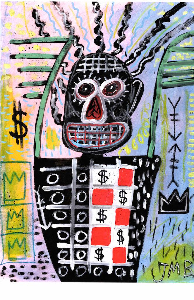 Expressionist Jean-Michel Basquiat Painting on Paper: Expressionist Jean-Michel Basquiat Painting Drawing on Thick Paper. Approx Size: 12 x 16 Inches. This painting has powerful Basquiat symbols. Provenance: W.N York consignor Private collection. it is b