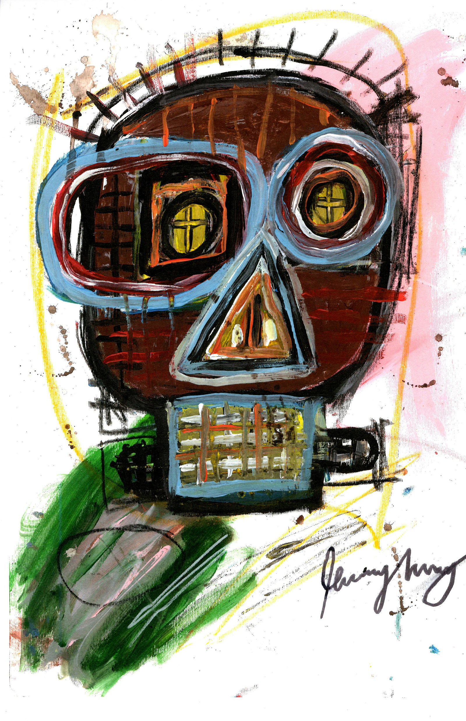 Expressionist Jean-Michel Basquiat Painting on Paper: Expressionist Jean-Michel Basquiat Painting Drawing on Thick Paper. Approx Size: 12 x 16 Inches. This painting has powerful Basquiat symbols. Provenance: W.N York consignor Private collection. it is b