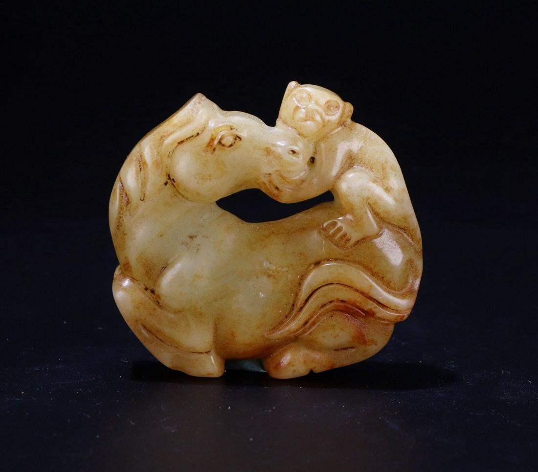 Old Chinese Carved Natural Jade Pendant Monkey & Horse (1 of 2)