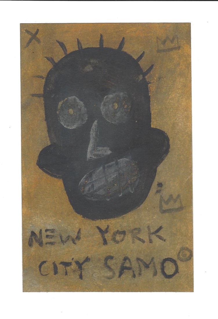 JMB Signed - SAMO NYC- Painting.: JMB Signed - SAMO NYC- Painting. Mixed Media Painting on Paper. Good Vintage Condition Approx Size: 5 1/2 x 3 1/2 inches. Provenance. All lots that do not carry established documented provenance nor a