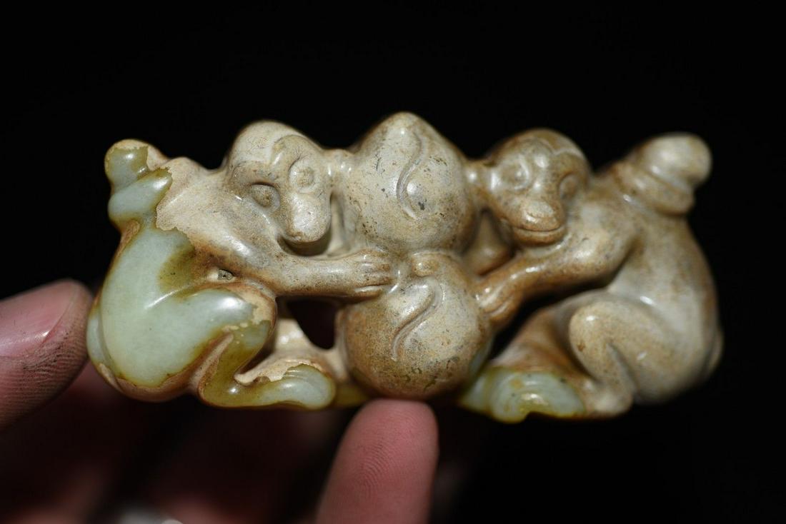 Antique Natural Carved Jade 3 Monkey Statue - Pendant (1 of 2)