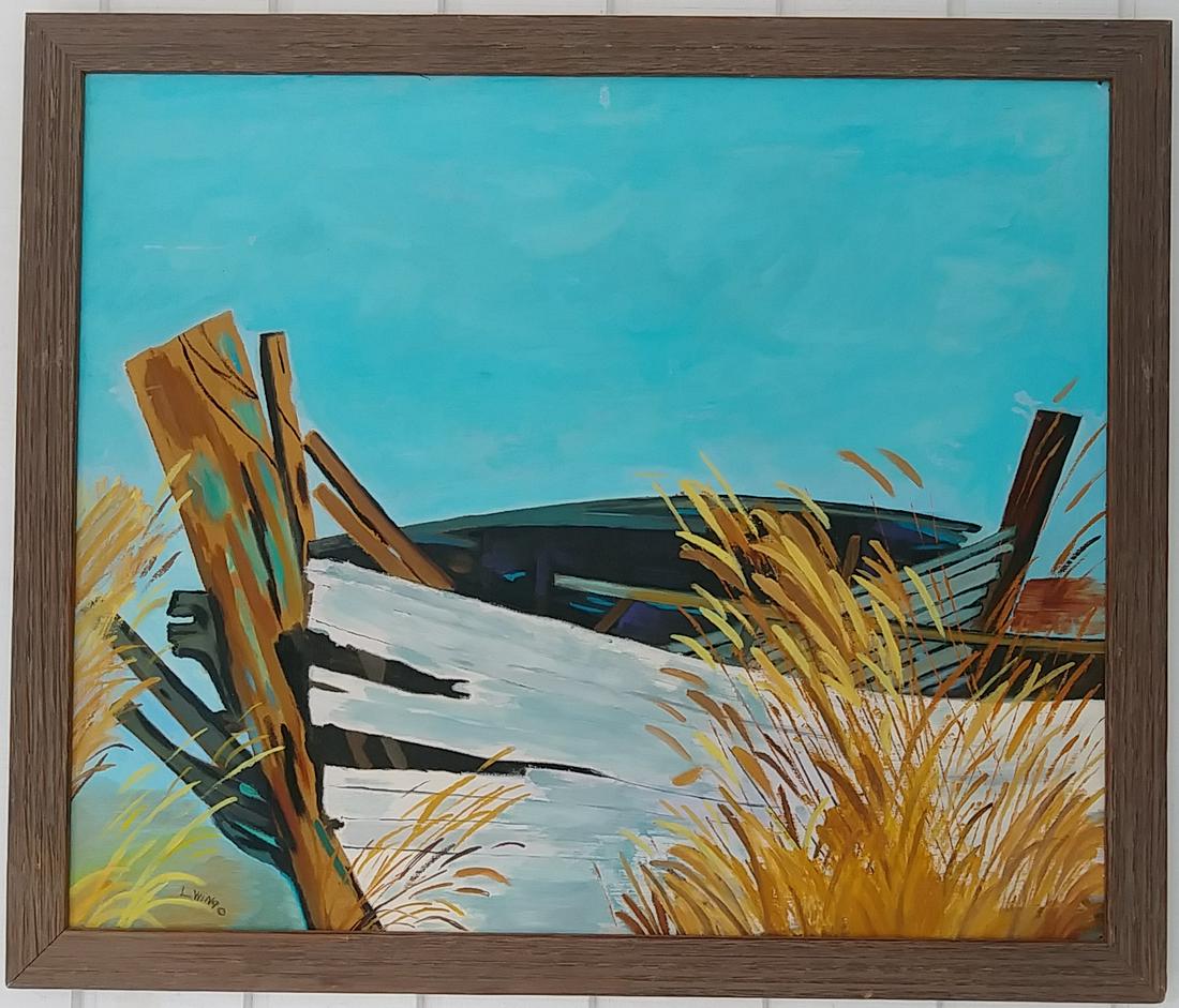 Signed Old boat Seaside Oil Painting on Canvas Framed (1 of 5)