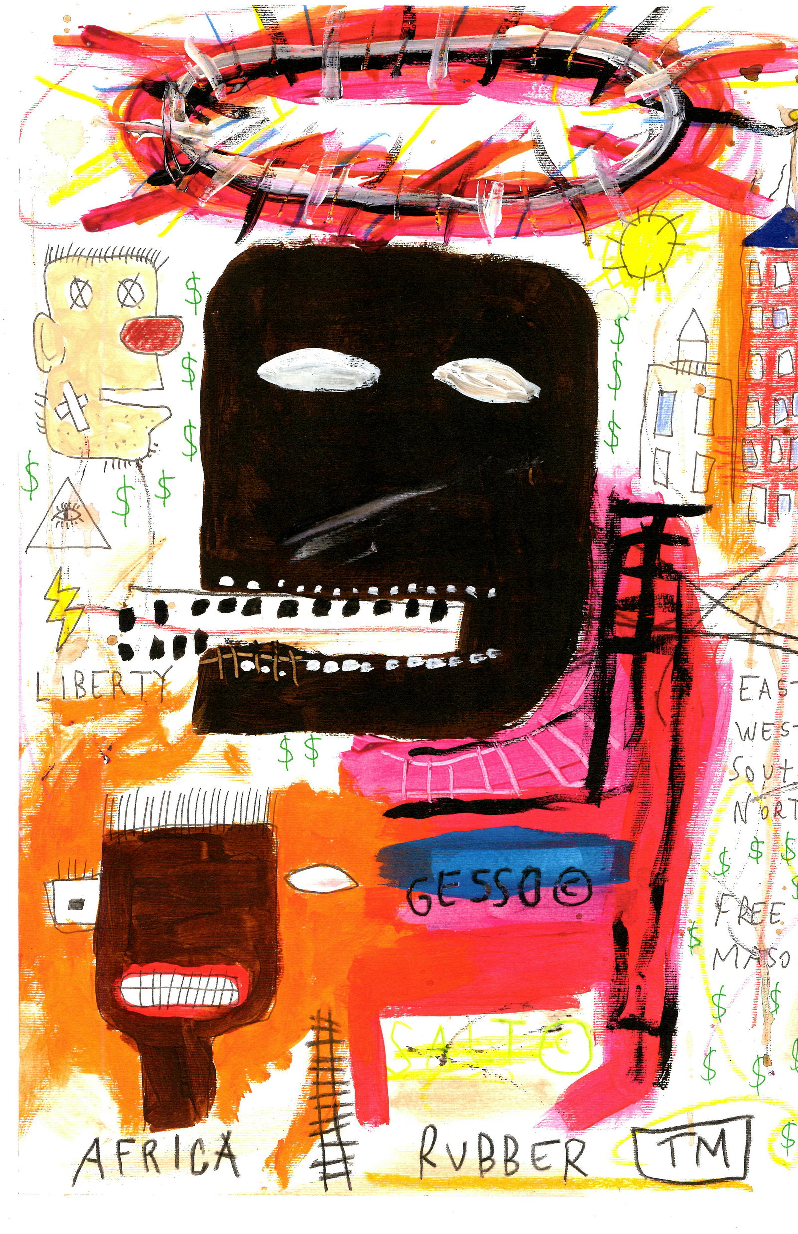 Jean-Michel Basquiat Expressionism Painting Drawing on: Jean-Michel Basquiat Expressionism Painting Drawing on Cardboard. Size: 11 3/4 x 16 1/2 Inches. Provenance: W.N York consignor Private collection. it is being sold in the manner or style of the artist