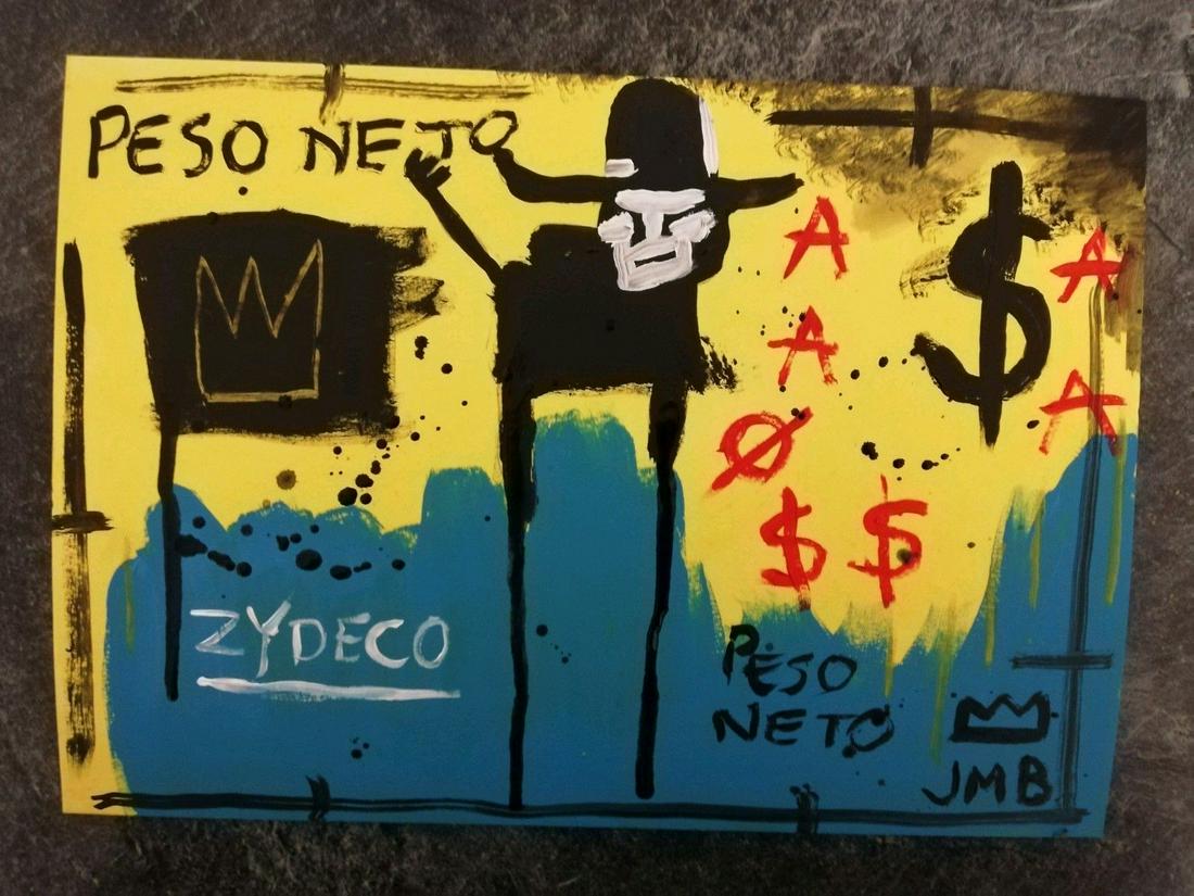 Michel Basquiat- Peso Neto - Painting Drawing: Michel Basquiat- Peso Neto - Mixed Media Painting Drawing.8 1/4 x 11 3/4 Inches. Stamped on Verso. Self Portrait Painting. It is being sold in the manner or style of the artist after, declared as a co