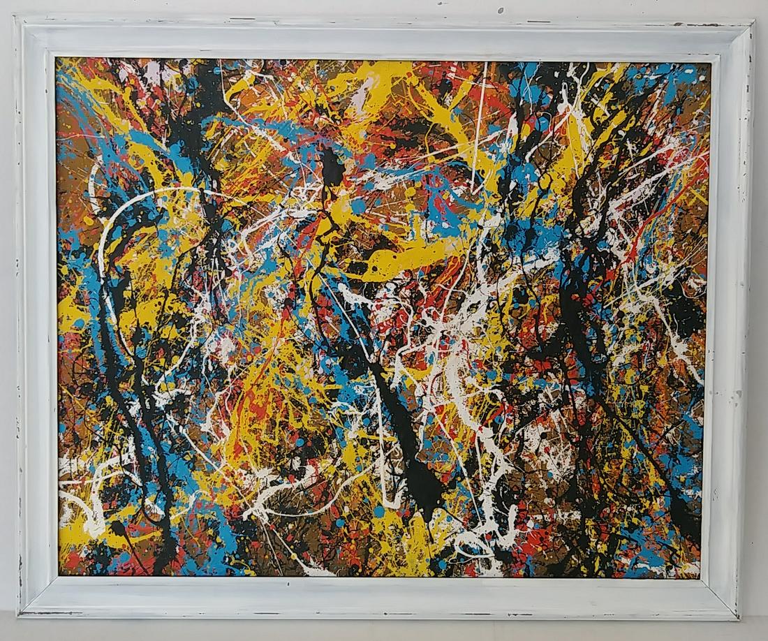 Jackson Pollock Abstract Painting.: Jackson Pollock Abstract Painting. Approx Painting: 23 1/2 x 19 inches. Frame Size : 26 x 21 1/2 x 1 inches. Painting is done in the modern abstract expressionist style for which Pollock is known. It