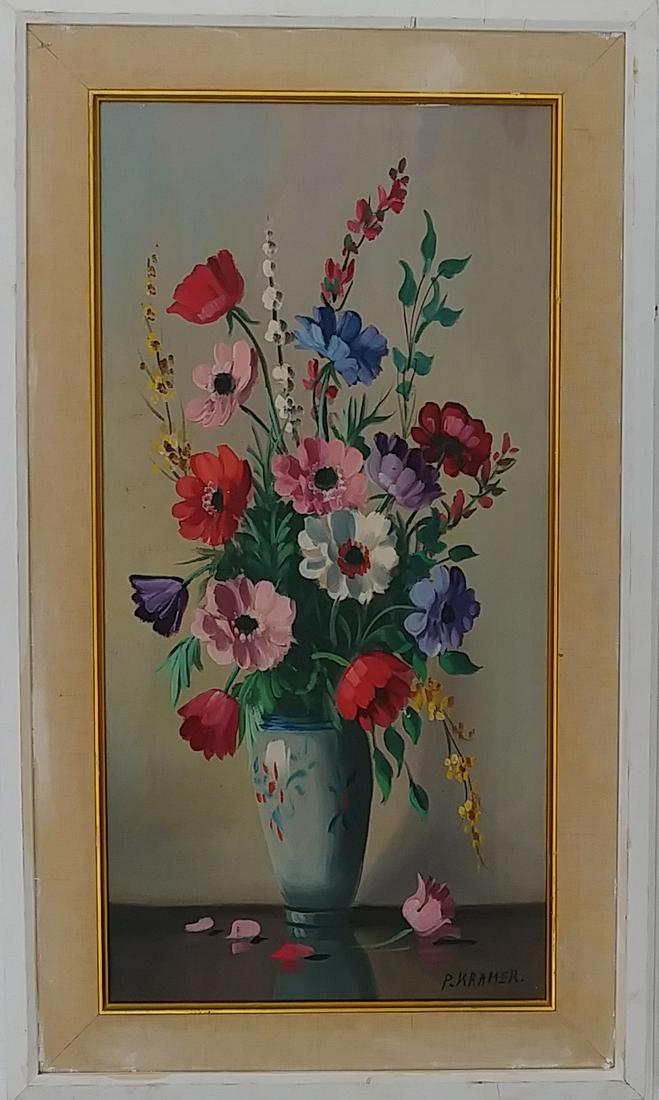 P KRAMER VINTAGE SINNED FLOWER OIL PAINTING FRAMED: P KRAMER VINTAGE SINNED FLOWER OIL PAINTING FRAMED. Approx Painting Size: 24 x 12 inches - Approx Frame Size: 29 x 17 x 2 Inches - Some Scratch on frame.Vintage Condition. See Photos for condition. We