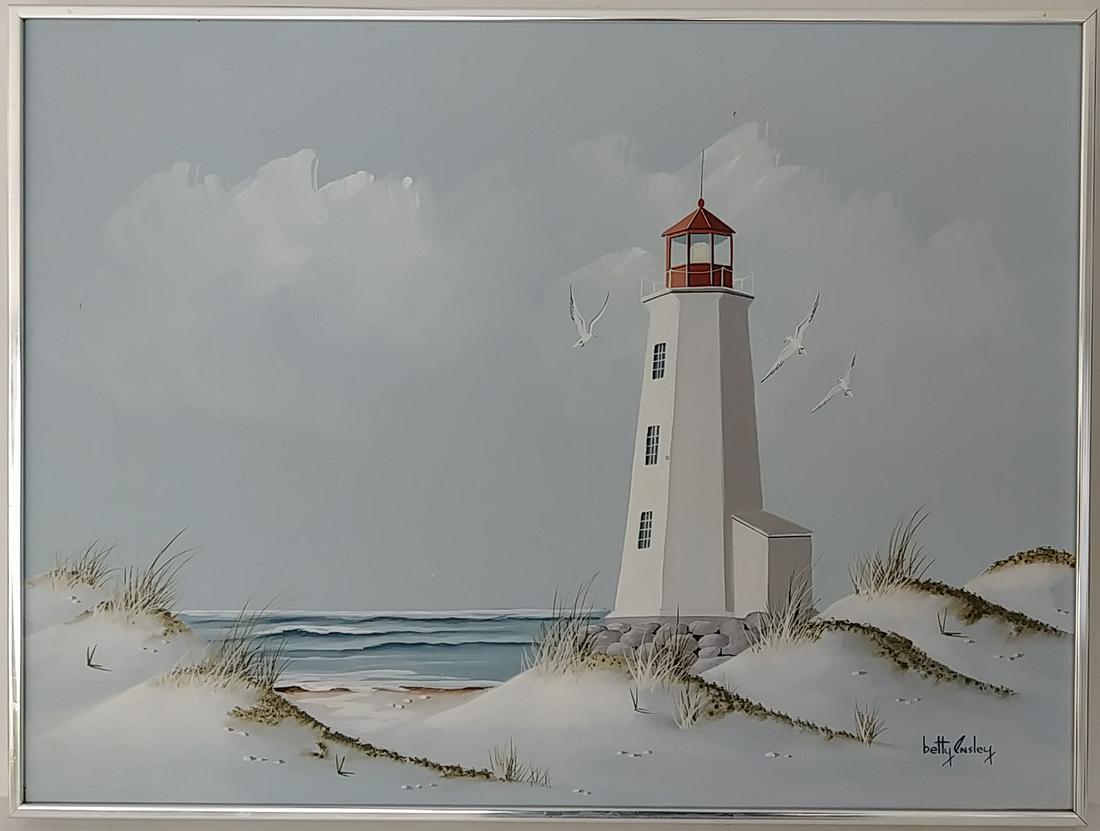 Vintage Coastal Light House Oil Painting Signed (1 of 5)