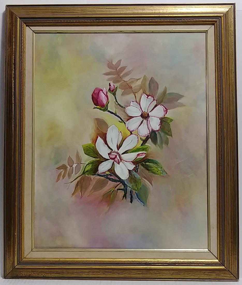D.K. Webber Signed-Magnolias- Oil Painting on Masonite.: Dorothy .K. Webber Signed-Magnolias- Oil Painting on Masonite. Approx Painting Size: 16 x 20 - Approx Frame Size: 21 x 24 1/2 x 1 1/2 Inches. Painting is in good condition. See photos