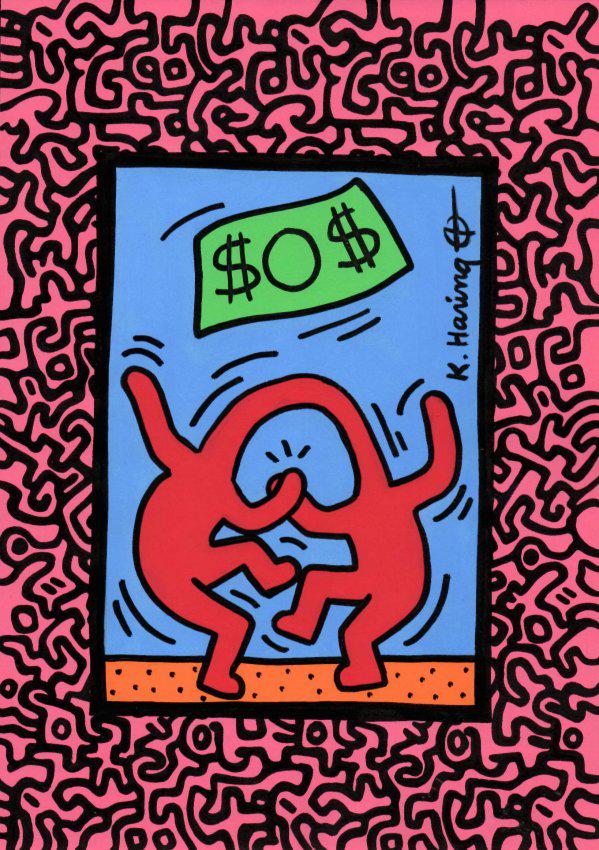 Signed Keith Haring Mixed Media on Paper: Signed Keith Haring Mixed Media on Paper. On verso, also stamp inscribed Authorized by the Keith Haring. Approx Size: 11 3/4 x 8 1/2 inches. Provenance: This item has limited provenance from an Upper