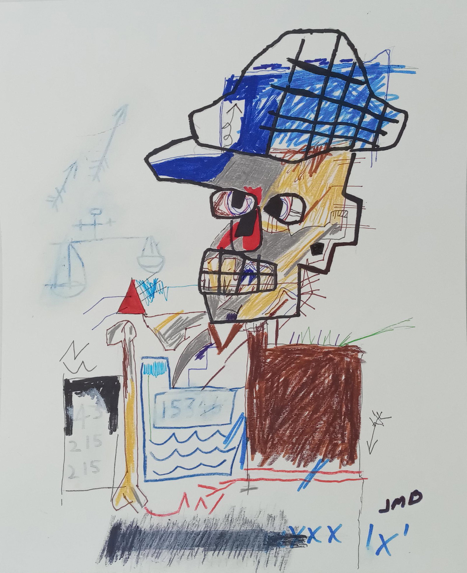 Michel Basquiat-NY - Asbestos- Mixed Media Painting: Michel Basquiat-NY - Asbestos- Mixed Media Painting Drawing.14 x 11 3/4 Inches. Stamped on Verso. Self Portrait Painting. It is being sold in the manner or style of the artist after, declared as a cop