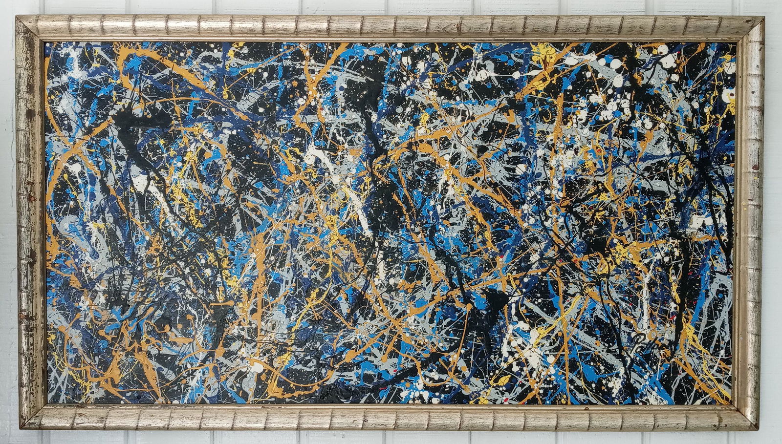 Jackson Pollock Abstract Painting on Cardboard: Jackson Pollock Abstract Art Painting on Cardboard. Approx Painting: 32 x 17 - Frame: 34 x 19 x 2 Inches. Painting is done in the modern abstract expressionist style for which Pollock is known. It is