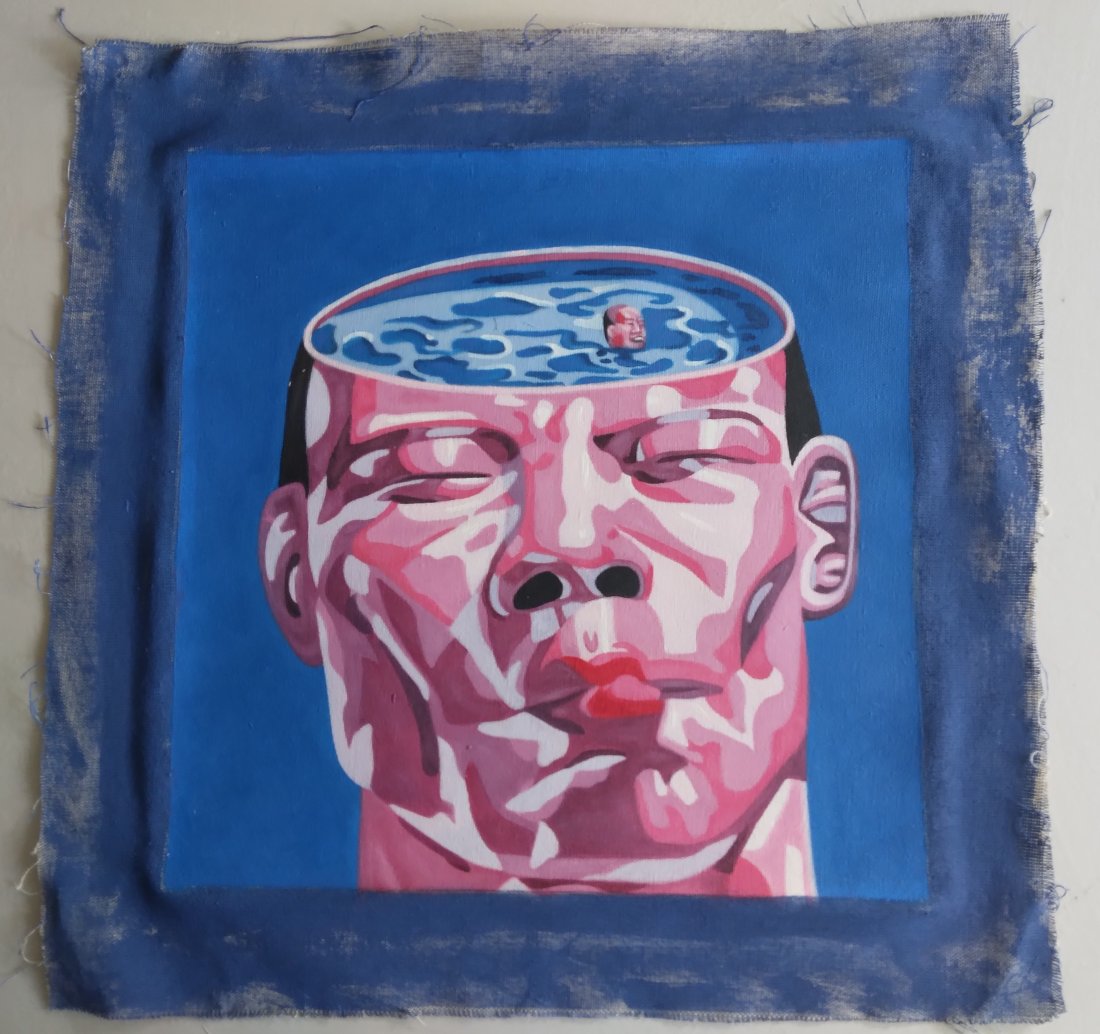 Yue Minjun Oil Painting: Yue Minjun Oil Painting Painting Size: 16 x 16 inches. - Canvas only will be ship rolled See photos as part of the description. It is being sold in the manner or style of the artist, declared as a cop