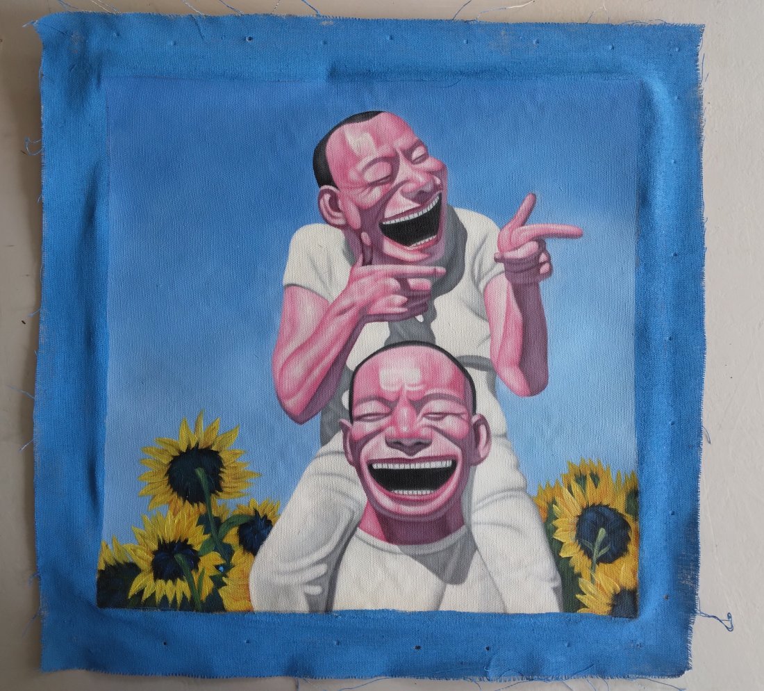 Yue Minjun Oil Painting: Yue Minjun Oil Painting Painting Size: 16 x 16 inches. - Canvas only will be ship rolled See photos as part of the description. It is being sold in the manner or style of the artist, declared as a cop