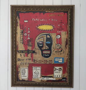 Jean-Michele Basquiat - Corpus Morte NYC Painting Framed.: Jean-Michele Basquiat NYC - Corpus Morte Painting Framed. Painting Size: 31 x 22 1/2 inches. Frame Size: 31 x 27 1/2 x 2 inches, This is hand painted Mixed Medium on Cardboard. Framed condition