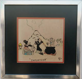 Vintage 1955 Cartoon Art Ink Drawing by Mike Birzon: Vintage 1955 Mike Birzon Cartoon Art Ink Drawing.This is an original hand painted painting Very rare to find. Nice collection art. Window Size: 6 1/2 x 6 1/2 inches. Frame Size: 11 1/2 x 11 1/2 x 1 in