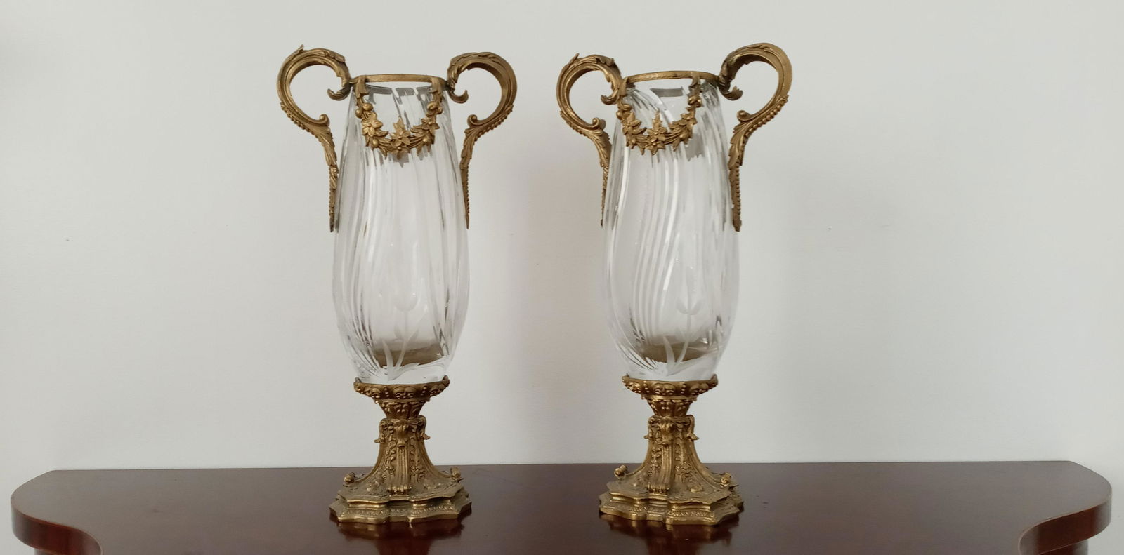 Pair of Vase Bronze and Crystal Faceted With Scroll Han (1 of 8)
