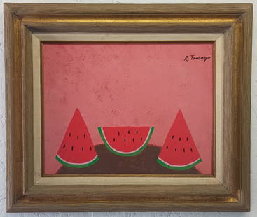 Signed R. Tamayo Painting on Canvas, Abstract Watermelon Figure: Signed R. Tamayo Painting on Canvas, Abstract Watermelon Figure. Signed R. Tamayo. Mixed Medium on Canvas.Painting Size: 18 x 14 inches. Frame Size: 26 x 21 x 3 inches.Good vintage condition. SEE PHOT