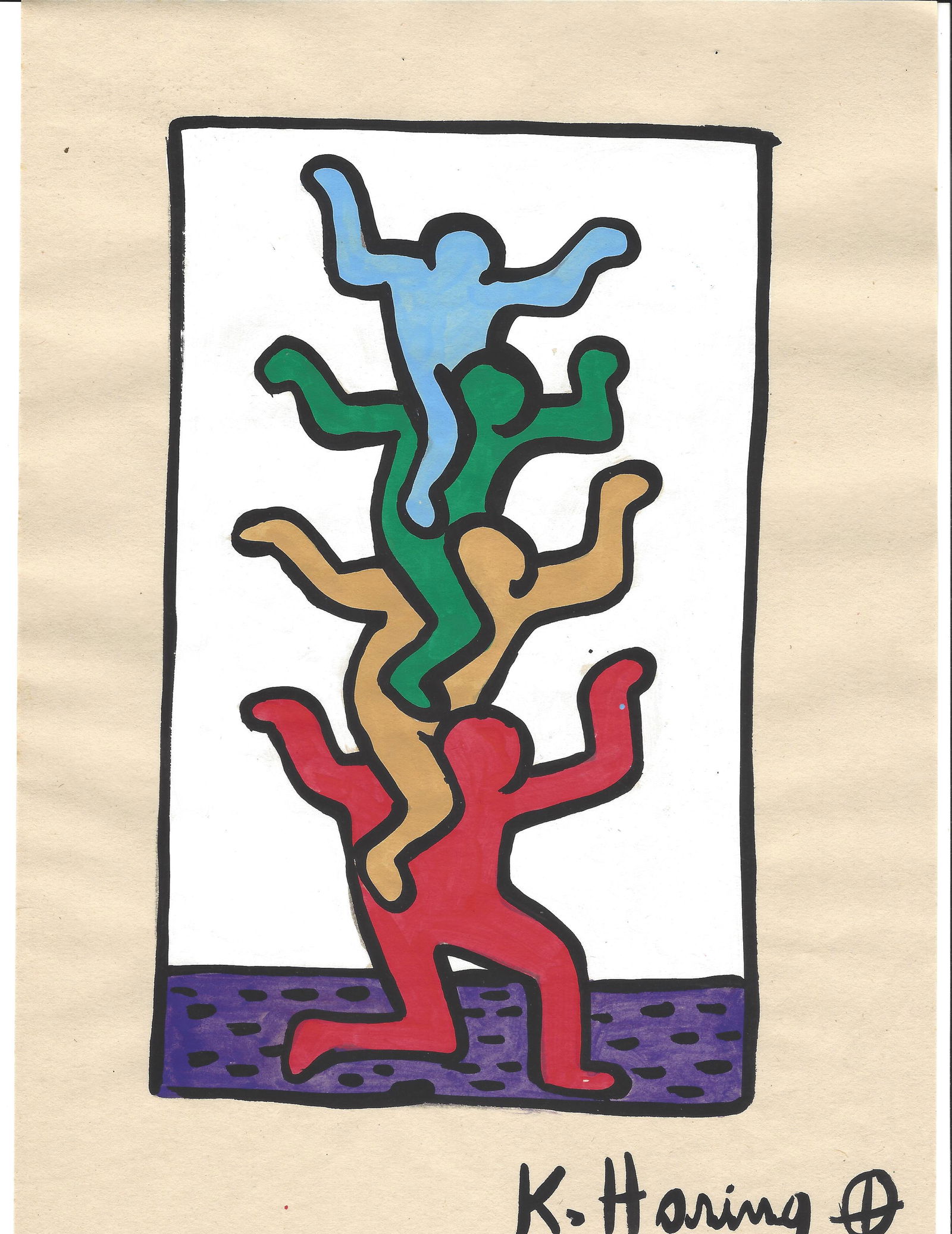 Signed Keith Haring Mixed Media on Paper: Signed Keith Haring Mixed Media on Paper. On verso, also stamp inscribed Authorized by the Keith Haring. Approx Size: 11 3/4 x 8 1/2 inches. Provenance: This item has limited provenance from an Upper
