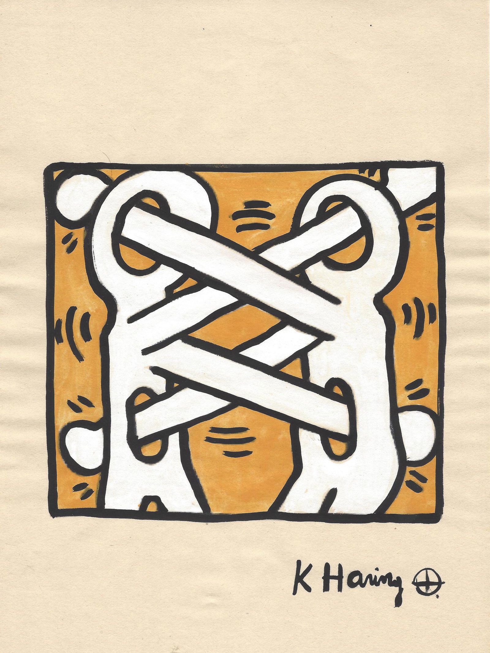 Signed Keith Haring Mixed Media on Paper. On verso: Signed Keith Haring Painting Mixed Media on Paper.On verso, also stamp.Approx Size: 11 3/4 x 8 1/2 inches.All lots that do not carry established documented provenance nor any past record of auction hi