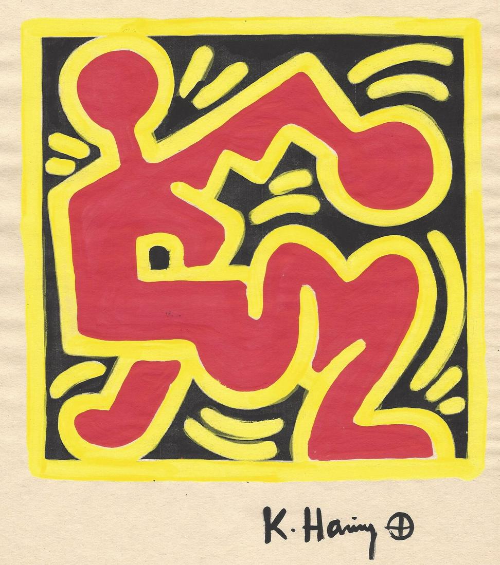 Signed Keith Haring Painting Mixed Media on Paper.: Signed Keith Haring Painting Mixed Media on Paper.On verso, also stamp.Approx Size: 11 3/4 x 8 1/2 inches.All lots that do not carry established documented provenance nor any past record of auction hi