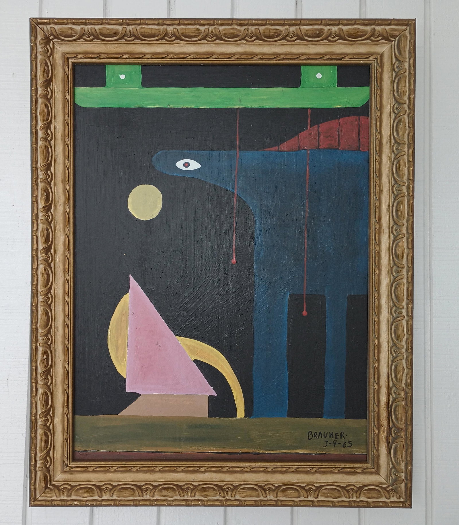 Signed Brauner 65, Modern 20th Century Painting Framed: Signed Brauner 65, Modern 20th Century Painting Framed. Painting Size: 24 x 18 inches. Frame Size: 31 x 21 x 2 inches. Mixed Medium on Masonite. Wood Frame - Frame may have scratches and marks due to 