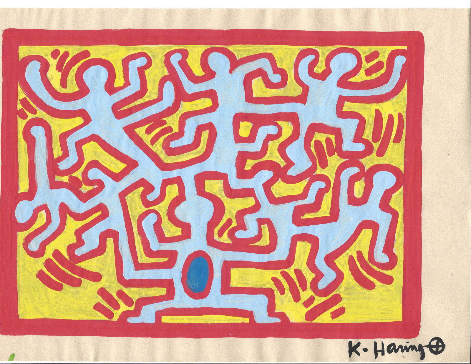 Signed Keith Haring Mixed Media on Paper. On verso: Signed Keith Haring Painting Mixed Media on Paper.On verso, also stamp.Approx Size: 11 3/4 x 8 1/2 inches.All lots that do not carry established documented provenance nor any past record of auction hi