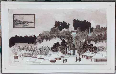 LIPSONE Mid Century Modern Painting Japanese Village.: LIPSONE Mid Century Modern Watercolor-Ink Painting Japanese Village. Circa 1950 -1969 Painted on Board, AND Over the painting is a hand-engraved thick Lucite plate. This is a magnificent monumental