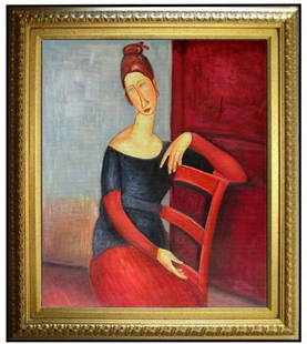 Framed Oil Painting on Canvas, Modigliani: Framed Oil Painting on Canvas, Modigliani -Jeanne Sitting on Chair-.In the style of the artist. Approx Painting Size: 24 X 20 inches.Approx Frame Size: 30 x 26 Inches We pack a& Ship for you. We