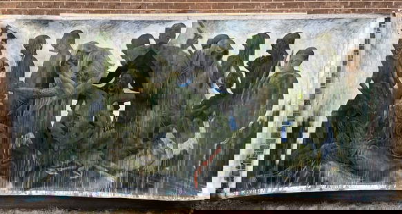 Giant Oil Painting on Canvas Rare 12ft Surrealism Mystery Unsigned: Giant Oil Painting on Canvas Rare 12ft Surrealism Mystery Unsigned. Museum piece Art. Canvas Size: 143 x 67 Inches. Very unusual surrealist painting oil on canvas You gonna impressed everyone with thi