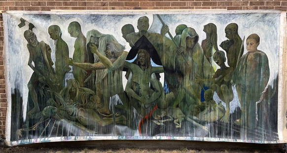 Giant Oil Painting on Canvas Rare 12ft Surrealism Mystery Unsigned: Giant Oil Painting on Canvas Rare 12ft Surrealism Mystery Unsigned. Museum piece Art. Canvas Size: 143 x 67 Inches. Very unusual surrealist painting oil on canvas You gonna impressed everyone with