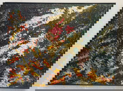 Signed Riopelle 68 Abstract Painting on Masonite: Signed Rioppelle 68 Abstract Painting on Masonite.Painting Size: 31 x 23 inches. Black Metal Frame - mixed Medium Texture. Painting Size: 32 x 24 x 1 inches.Painting seems to have been covered with a