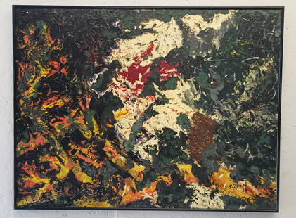 Signed Riopelle 68 Abstract Painting on Masonite: Signed Rioppelle 68 Abstract Painting on Masonite.Painting Size: 31 x 23 inches. Black Metal Frame - mixed Medium Texture. Painting Size: 32 x 24 x 1 inches.Painting seems to have been covered with a